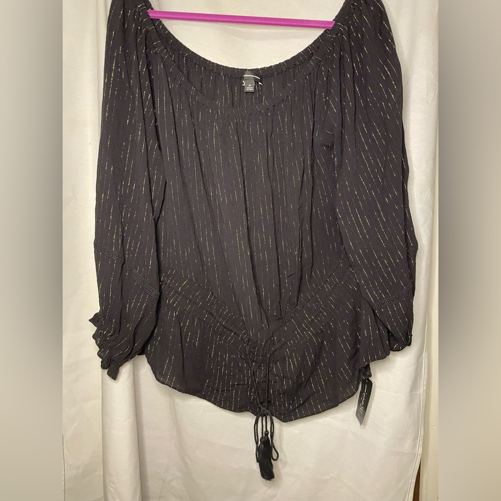 INC International Concepts Black Metallic-Thread Peasant Blouse